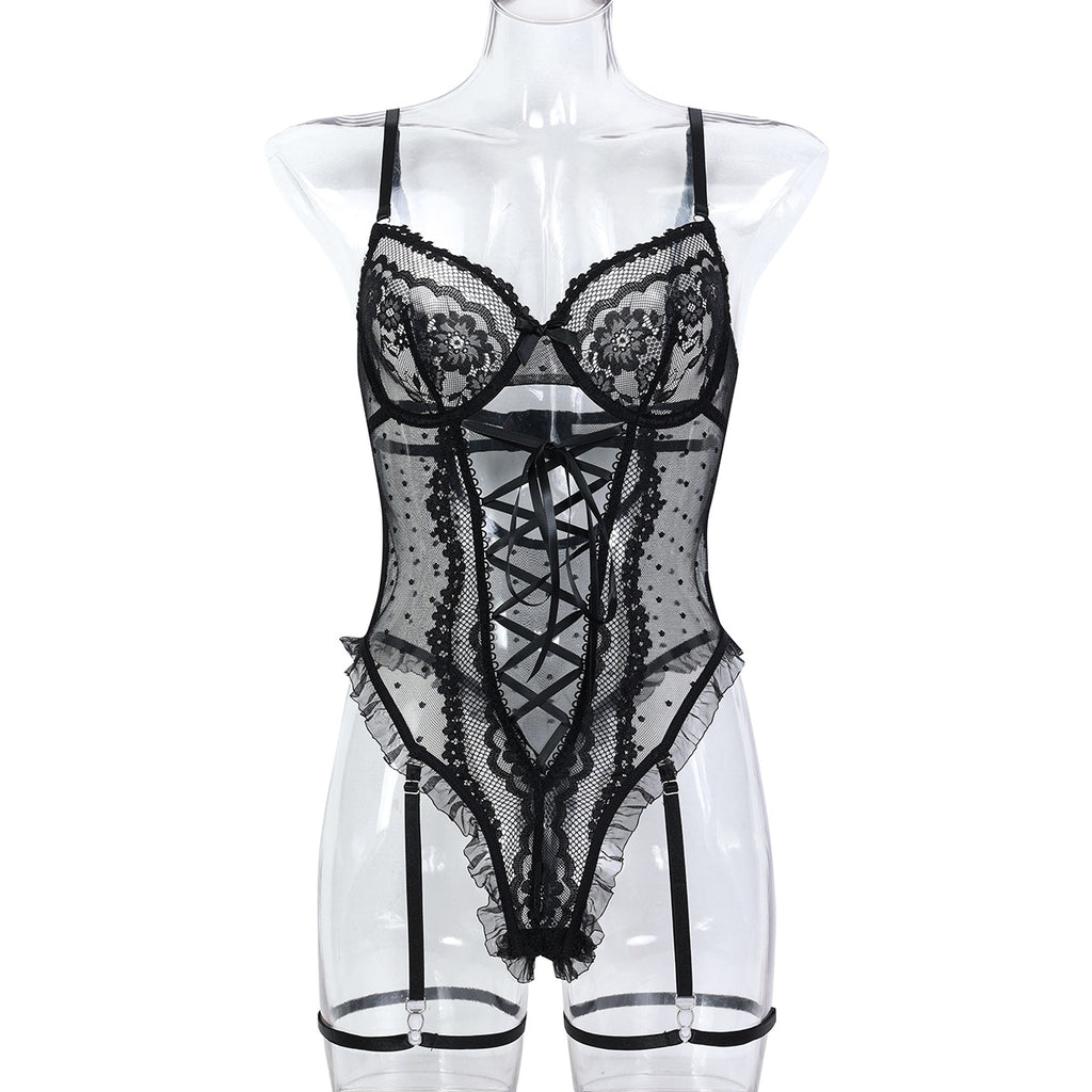 European Women's High-Quality Lace Hollow Cross-Tied Lace-Up Strapless Jumpsuit Sexy Underwear